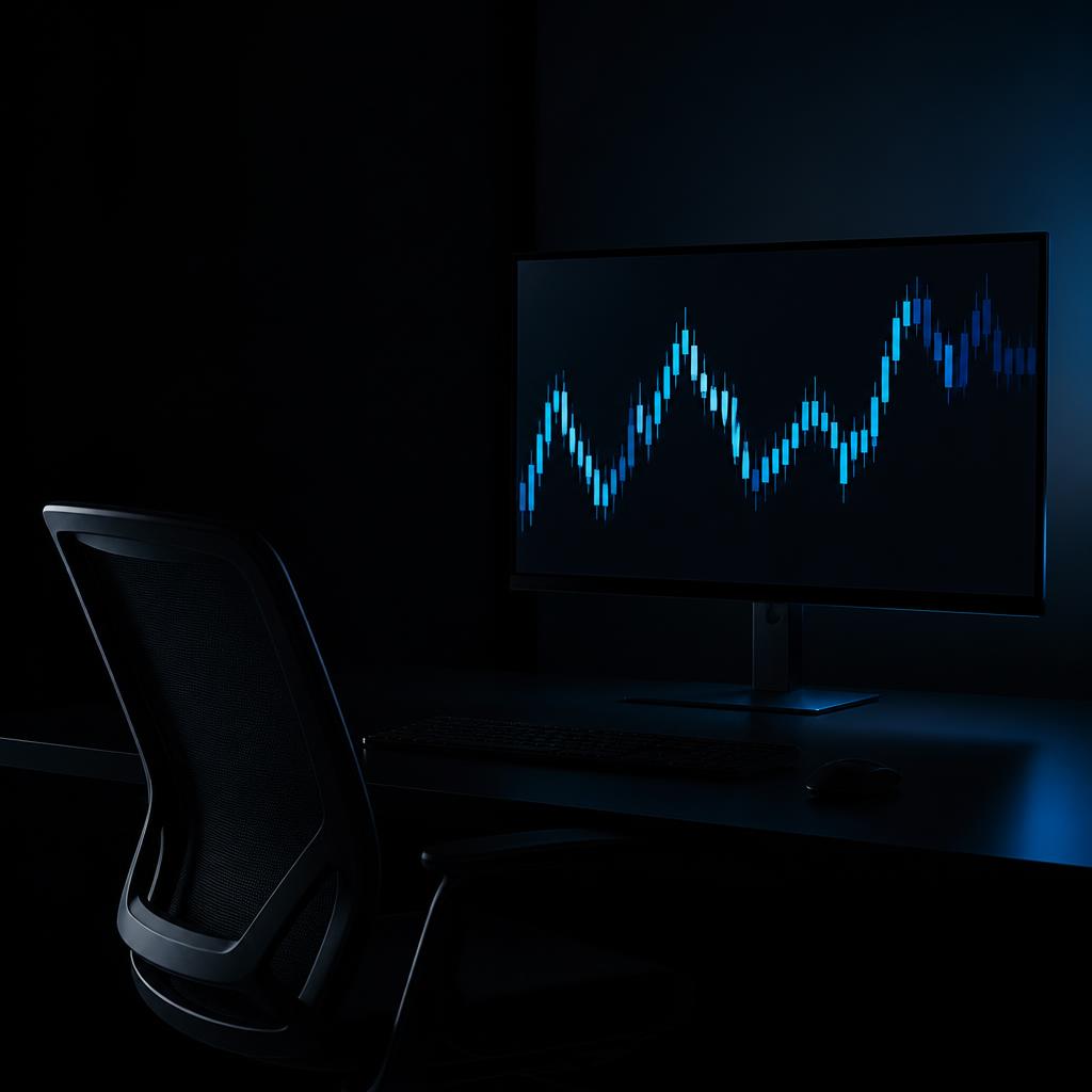 A dark, empty trading workstation at night with a single monitor showing abstract cyan candlestick shapes